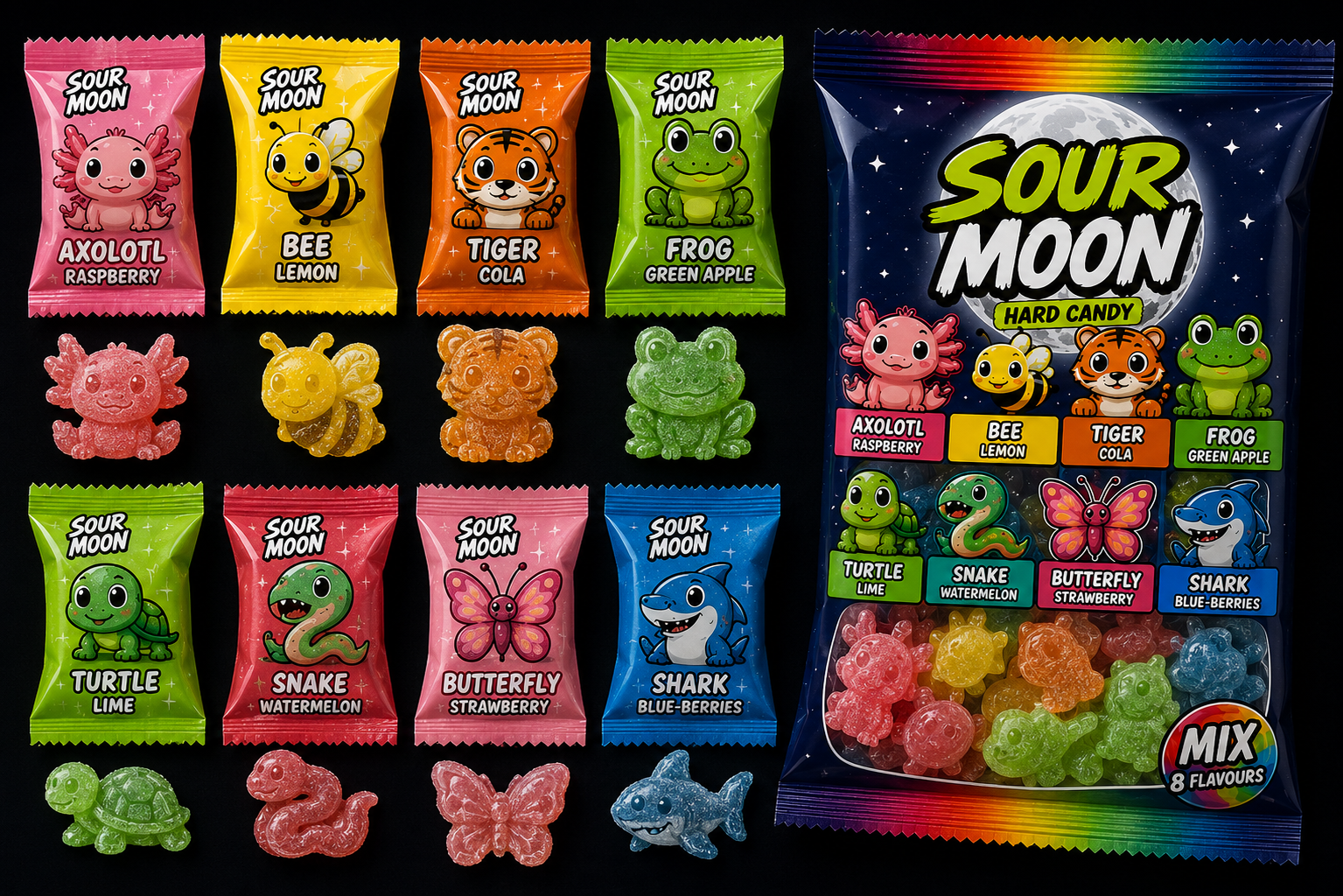 Sourmoon snoep verpakkingen en gummies